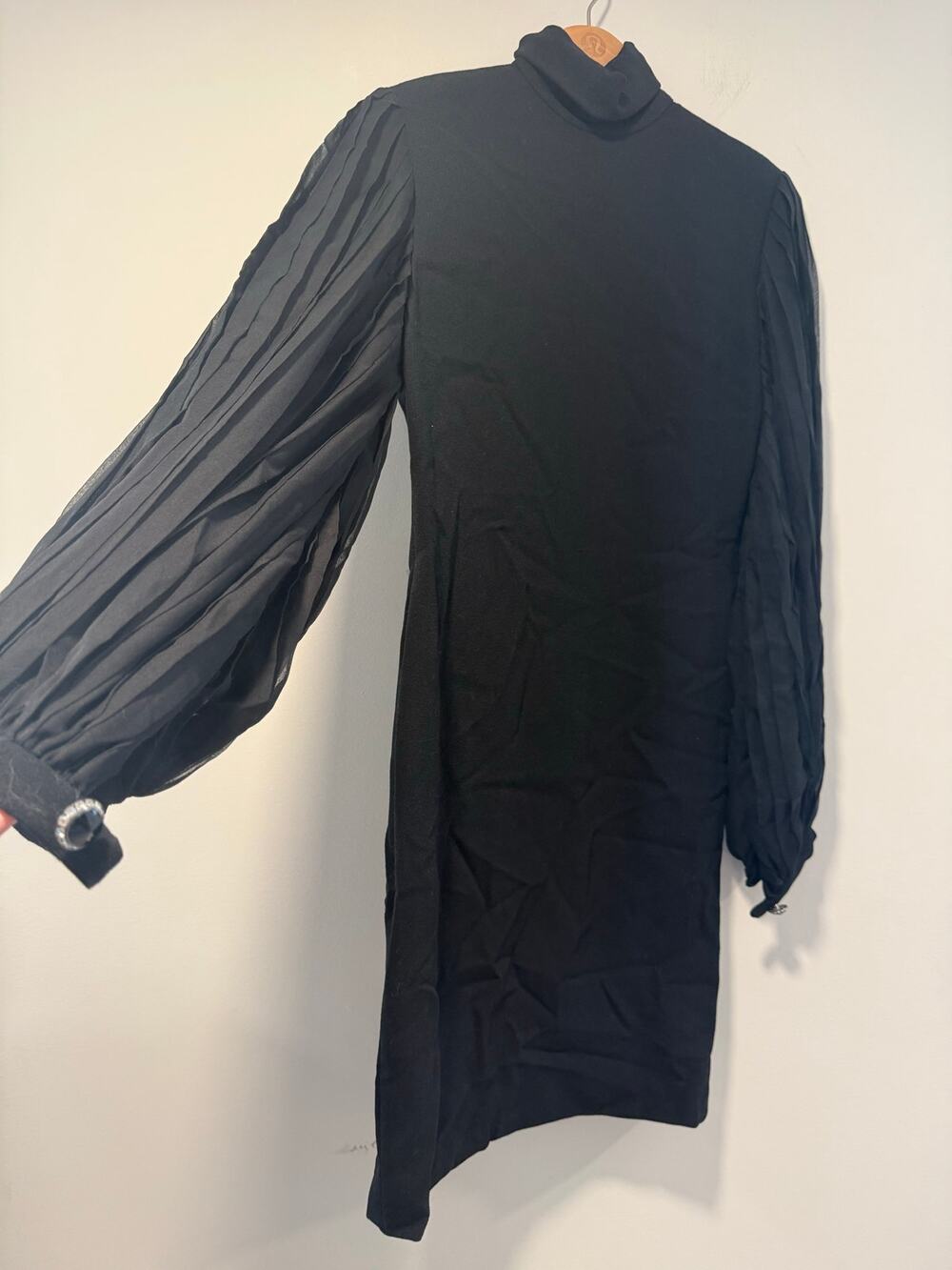 Vintage Galanos Neiman Marcus Turtleneck Shift Midi Dress Sheer Sleeves Black JL